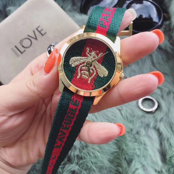 Gucci Red And Green Web Watches With Bee Embroidery