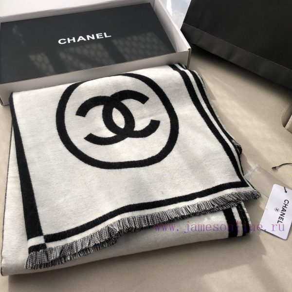 𝐂𝐡𝐚𝐧𝐞𝐥𝟐𝟑𝐛 "Black and White Symmetrical Big Shawl"Sizex70cm 98% Cashmere 2% Wool PairThe blacyzfgkji8 - Image 11