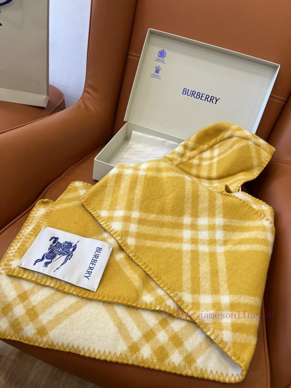 𝐁𝐮𝐫𝐛𝐞𝐫𝐫𝐲 New "plaid hooded scarf" Autumn pear yellowSize195x30cm 100% cashmereClassic plaid gtb5tpxr - Image 9