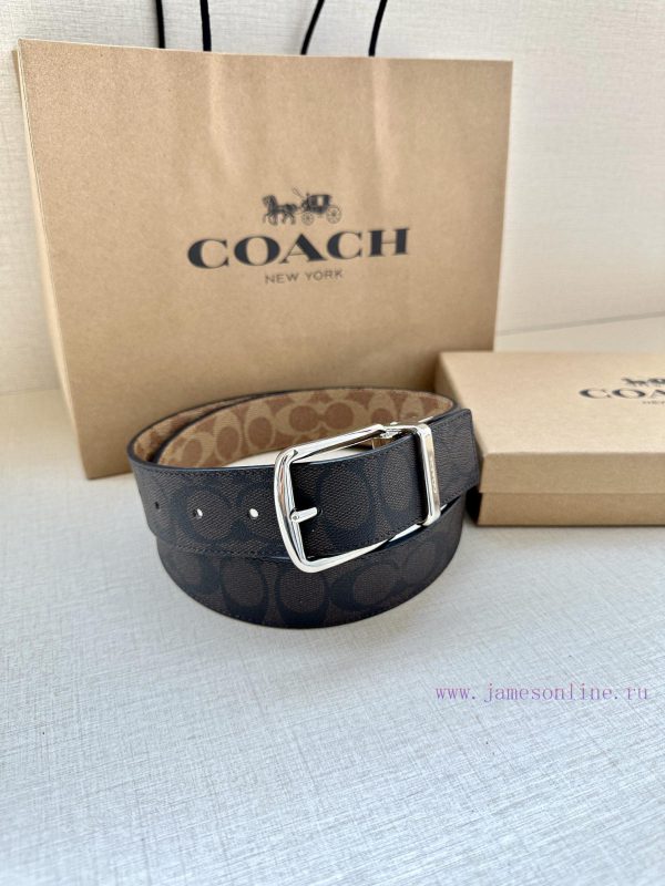 The 3.7cm wide COACH double-sided waist belt is made of one side of black/khaki fabric and c de1ry6ir - Image 7