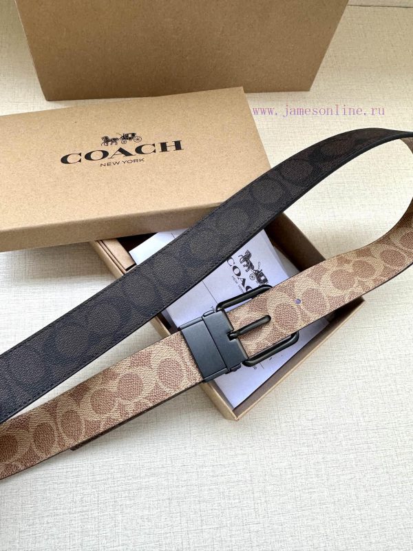 The 3.7cm wide COACH double-sided waist belt is made of one side of black/khaki fabric and c mevg332g - Image 3