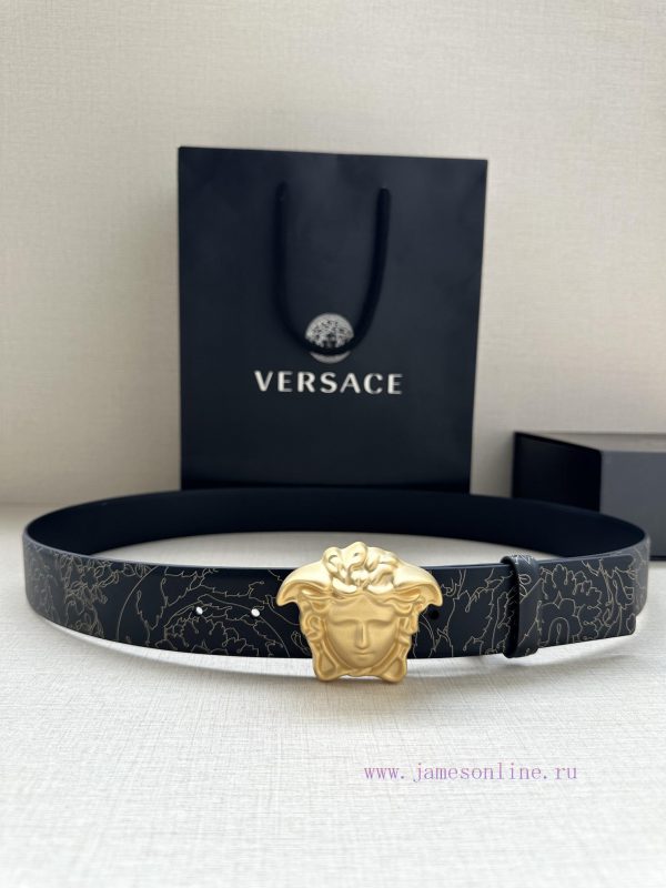 Width 4.0cm Versace leather belt with three-dimensional La Medusa double-sided buckle strap. 51gmc37c