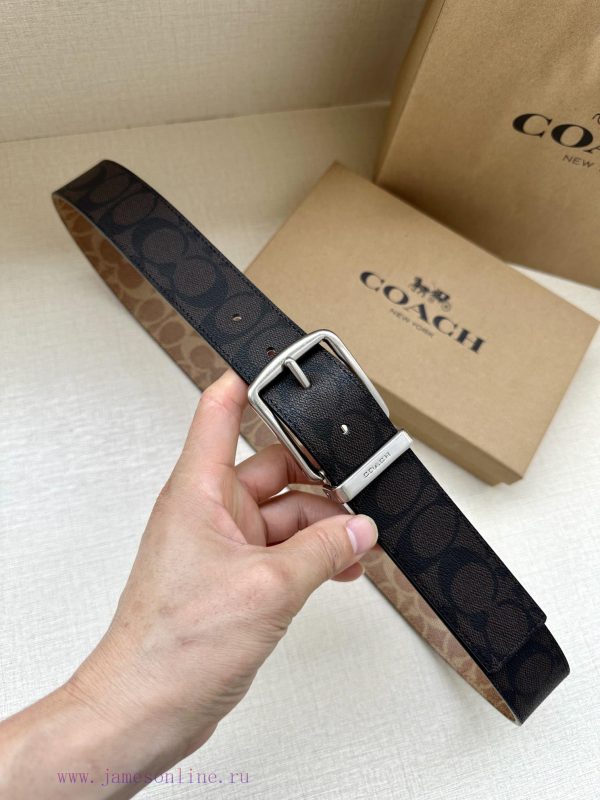 The 3.7cm wide COACH double-sided waist belt is made of one side of black/khaki fabric and c qgca3a2j